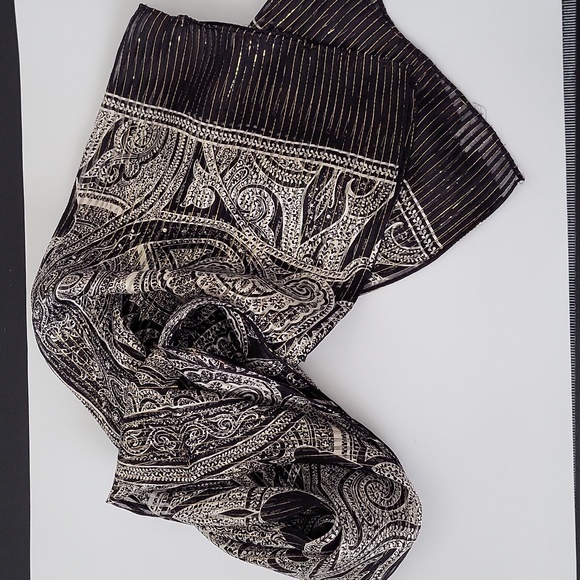 ECHO Paisley Silk Scarf Black White & Gold metallic pin stripe 16”x 59” - Picture 2 of 7